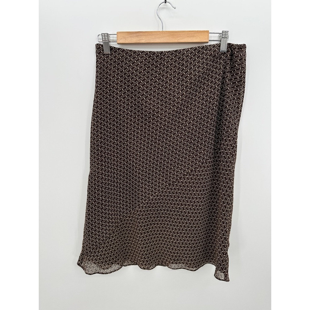Vtg Y2k Chocolate Brown Printed Chiffon Midi Skirt Size 10 Lettuce Hem Boho‎